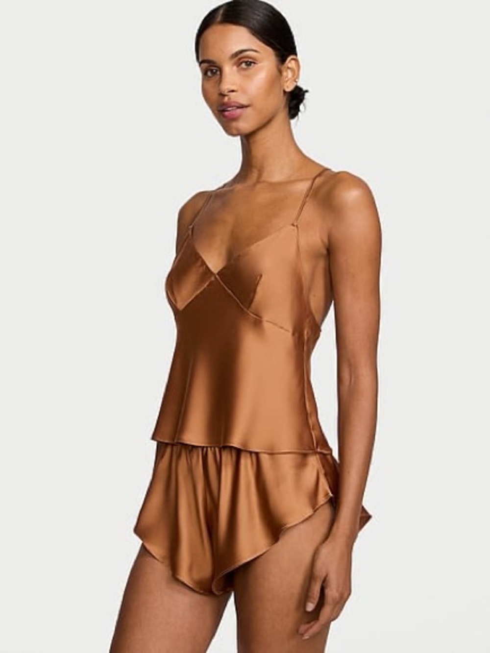 Caramel Brown Satin Open Back Cami Set